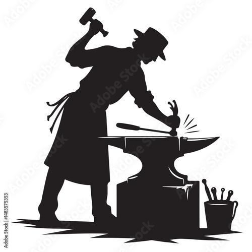 Silhouette Blacksmith Hammering Metal on Anvil