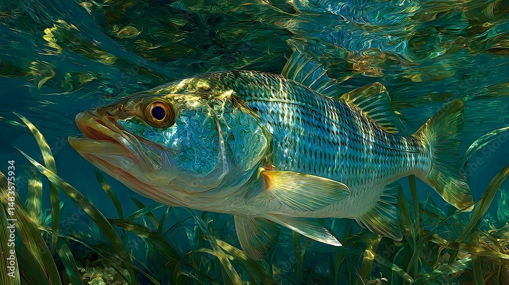Fototapeta premium Artistic Rendering of Bonefish in a Fluid Motion Over Lush Grass Flats with Ambient Light