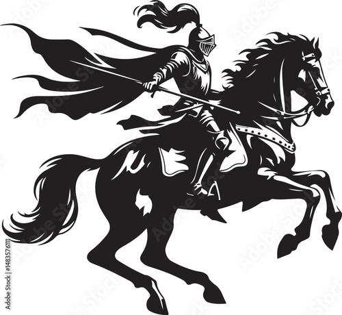 A bold, black-and-white silhouette of a knight in full medieval armor, mounted on a powerful, rearing horse, evoking a sense of strength and heroism.