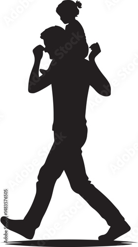 A silhouette of a father carrying his daughter on his shoulders, walking.