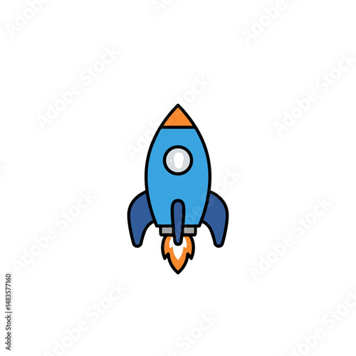 Cartoon rocket ship launching with orange flames and blue body  