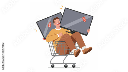 Man sitting in shopping cart with two flat-screen TVs