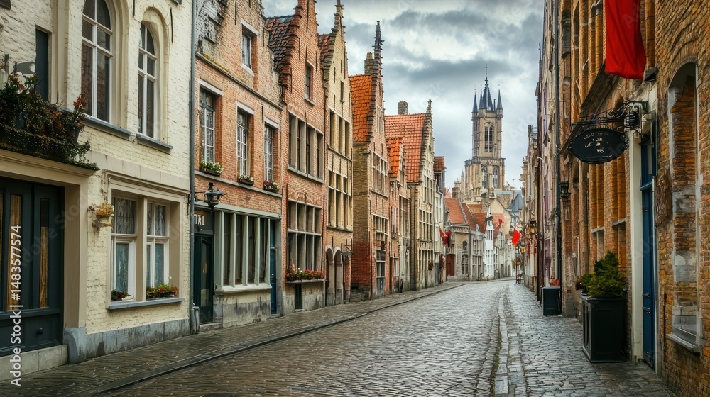 Fototapeta premium Historical streetscape in Bruges featuring cobblestone road and architectural charm