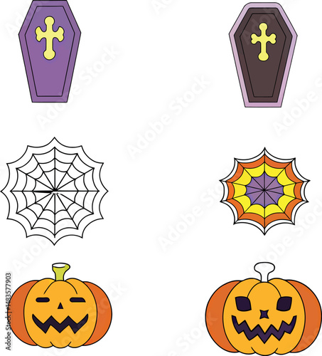 Halloween vector collection with coffins, spider webs, and jack-o-lantern pumpkins on white background
