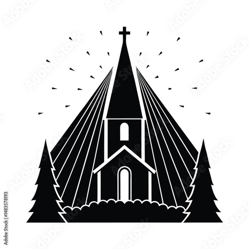 The religious architecture of the church features a steeple tower with a prominent cross against the sky