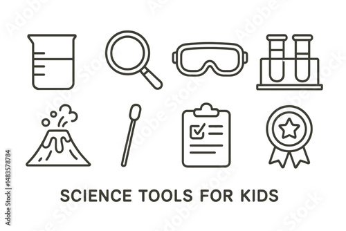 Science tools for kids: beaker, magnifier, goggles, test tubes, volcano, swab, checklist, medal