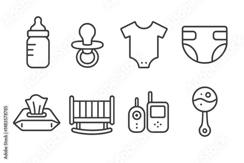 Icons of essential baby items: bottle, pacifier, onesie, diaper, wipes, crib, monitor, rattle