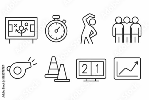 Sports strategy icons including board, stopwatch, whistle, cones, fitness, group, score, chart