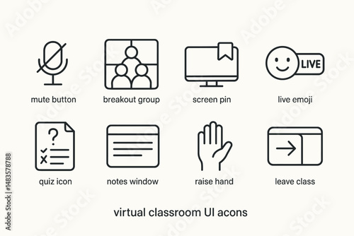 Virtual classroom ui icons: mute, breakout, screen, emoji, quiz, notes, hand, leave