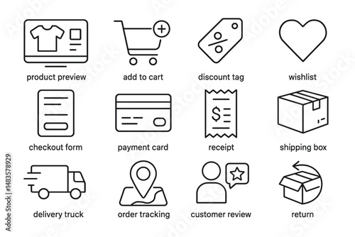 E-commerce icons: shopping cart, discount tag, wishlist, shipping, and payment symbols