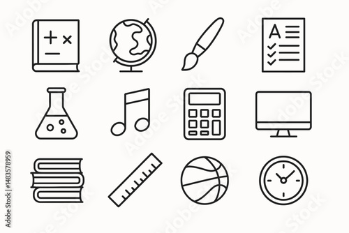 Set of educational icons: book, globe, paintbrush, checklist, flask, music, calculator, computer, books, ruler, basketball, clock