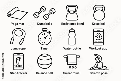 Essential fitness equipment icons: yoga mat, dumbbells, kettlebell, timer, water bottle