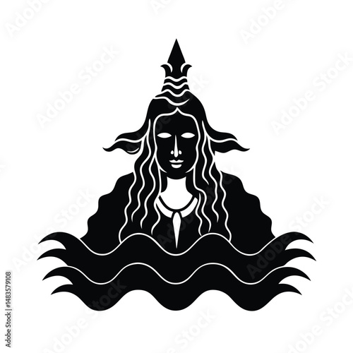 ganga descending cartoonishly from the sky into shiva