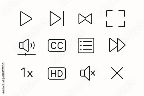 Media control icons collection: play, pause, volume, hd, playlist, fullscreen, speed