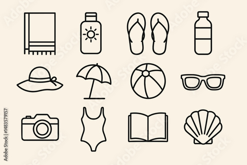 Beach essentials icons: towel, sunglasses, flip flops, camera, sunhat, umbrella