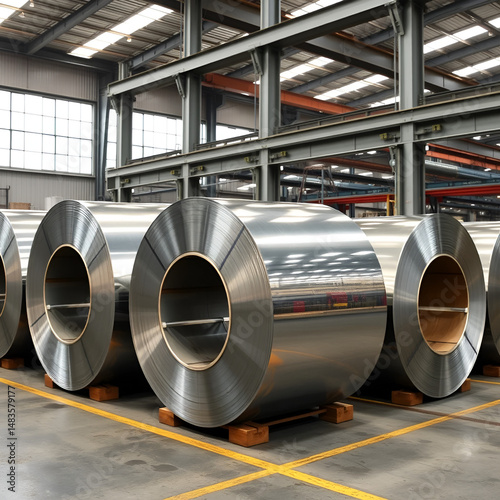 Industrial warehouse features large rolls of shiny metal coils ready for processing in a manufacturing facility