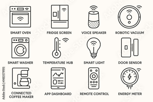 Smart home appliance icons featuring kitchen, living room, and energy control devices
