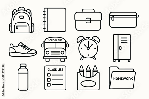 Outline icons of school supplies including backpack, notebook, bus, clock, and locker