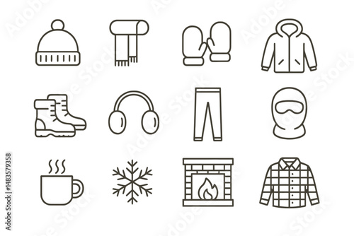 Minimalist winter apparel icons with warm clothing and accessories