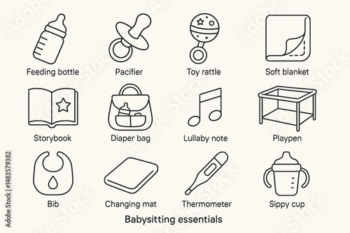 Essential items for babysitting: feeding bottle, pacifier, toy rattle, soft blanket, playpen