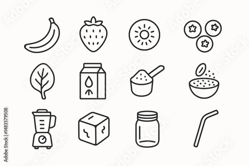 Icons of fruits, blender, straw, leaf, sun, and jar for smoothie ingredients