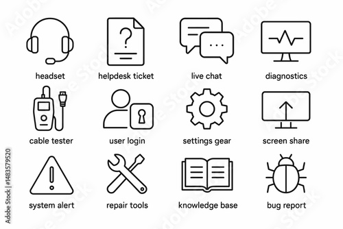 Technical support icons set: headset, chat, diagnostics, tools, knowledge base