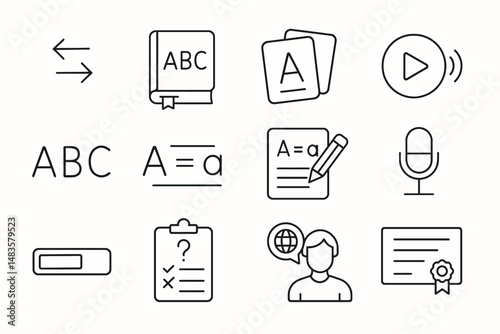 Set of black and white language learning icons with book, microphone, and certificate