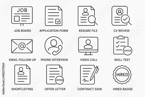 Job recruitment icons set: application, interview, resume, skills, contract, hiring