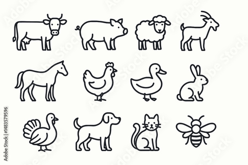Farm animals outline icons - cow, pig, sheep, goat, horse, chicken, duck, rabbit, turkey, dog, cat, bee