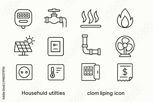 Household utilities icon set: energy meter, water valve, solar panel, thermostat, fan, pipe
