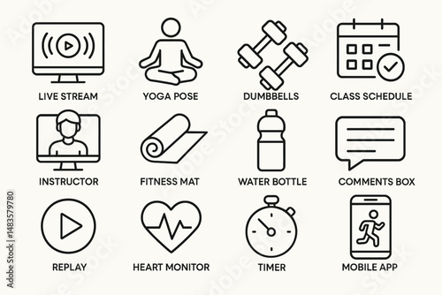 Outline icons set: live stream, yoga, dumbbells, schedule, instructor, fitness gear