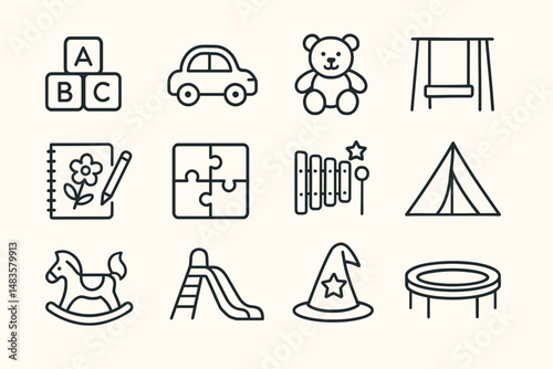 Children's toys and play items icons: puzzle, teddy bear, slide, abc blocks