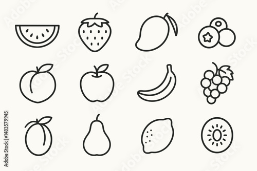 Outline icons of various fruits: watermelon, strawberry, mango, and more