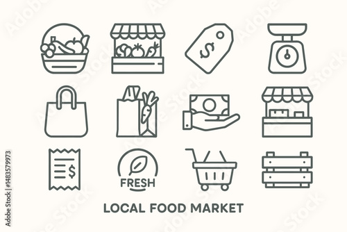 Icons representing local food market elements including fresh produce and shopping items