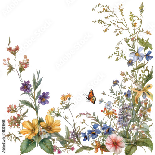 Floral corner with butterfly element on transparent background