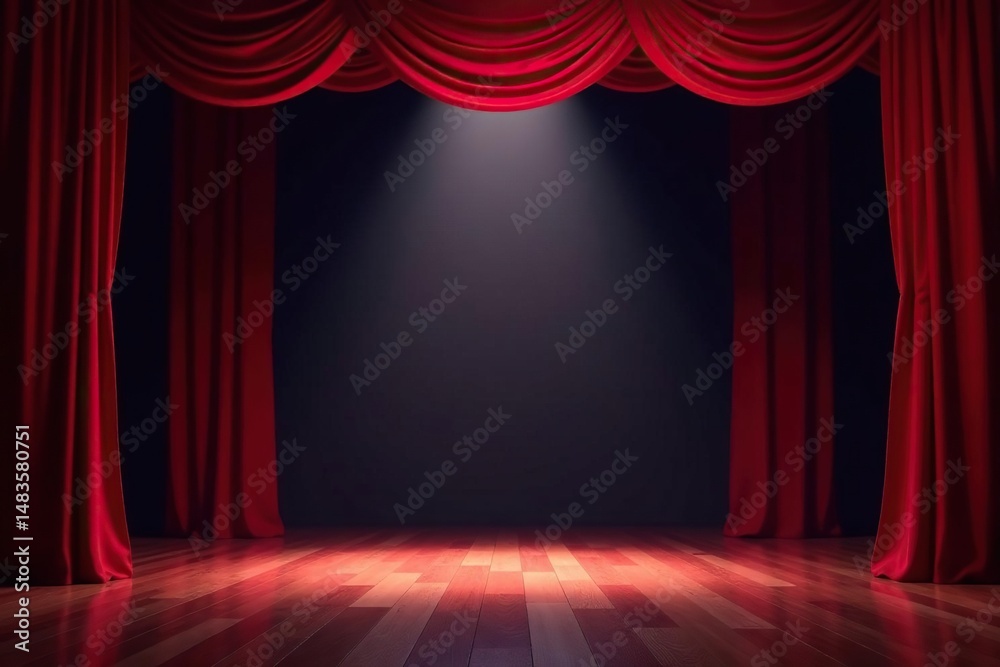 Fototapeta premium Empty theatrical stage with red curtains, spotlight , proscenium, theater