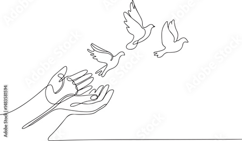 Continuous one line drawing of two human hands gently releasing birds into the sky. Minimalist black and white illustration of peace and freedom

