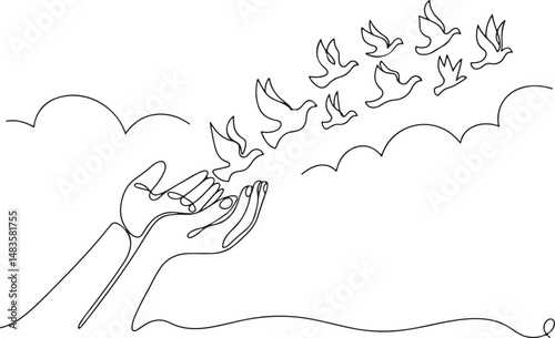 Continuous one line drawing of two human hands gently releasing birds into the sky. Minimalist black and white illustration of peace and freedom

