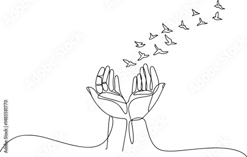 Continuous one line drawing of two human hands gently releasing birds into the sky. Minimalist black and white illustration of peace and freedom

