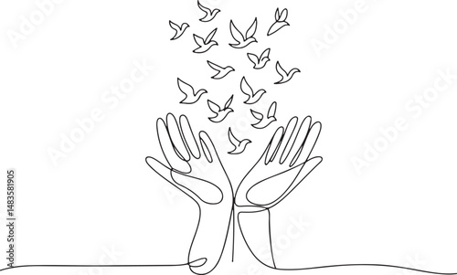 Continuous one line drawing of two human hands gently releasing birds into the sky. Minimalist black and white illustration of peace and freedom

