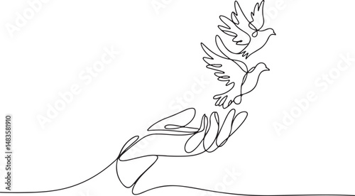 Continuous one line drawing of two human hands gently releasing birds into the sky. Minimalist black and white illustration of peace and freedom

