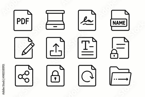Document icon set: pdf, scanner, signature, name tag, edit, upload, text, secure