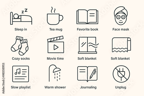 Relaxing icons for self-care and comfort activities