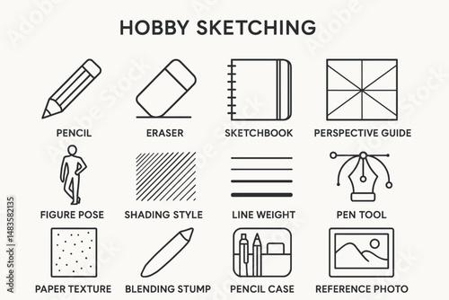 Essential sketching tools: pencil, eraser, sketchbook, perspective guide, and more
