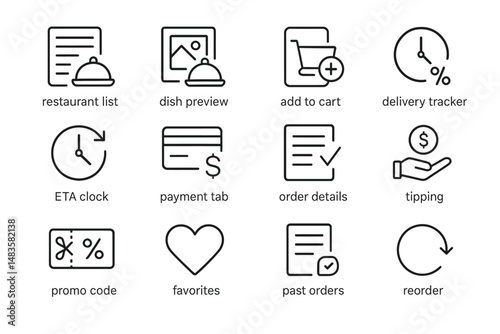 Online food ordering icons: restaurant, cart, delivery, payment, favorites, reorder