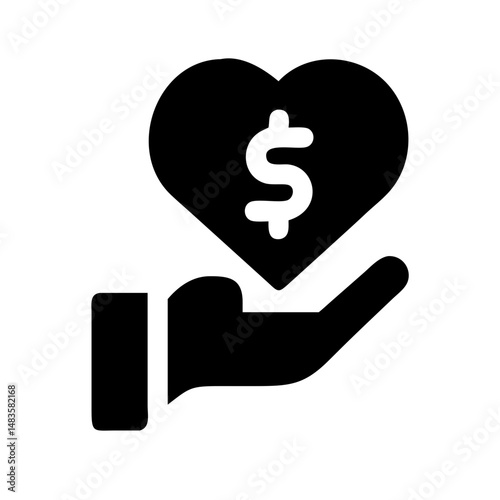 Charity Donation Icon – Hand with Heart and Dollar Symbol:
Icon featuring a hand with a heart and dollar sign, representing charitable giving, financial support, compassion, and community care.