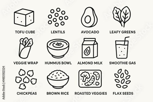 Illustrated icons of plant-based foods and ingredients