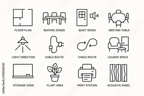 Office layout icons: floor plan, seating, meeting, quiet room, lounge, tech setup