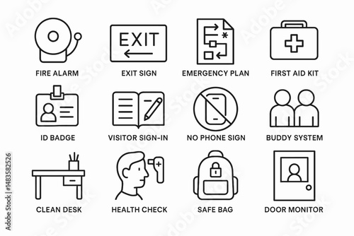 Safety and emergency icons: fire alarm, exit sign, first aid kit, visitor sign-in, health check