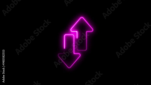 Glowing neon colorful Abstract double arrow icon with left and right side animation. digital technology blue neon motion graphic loop. on a black background Abstract double arrow icon with up and down